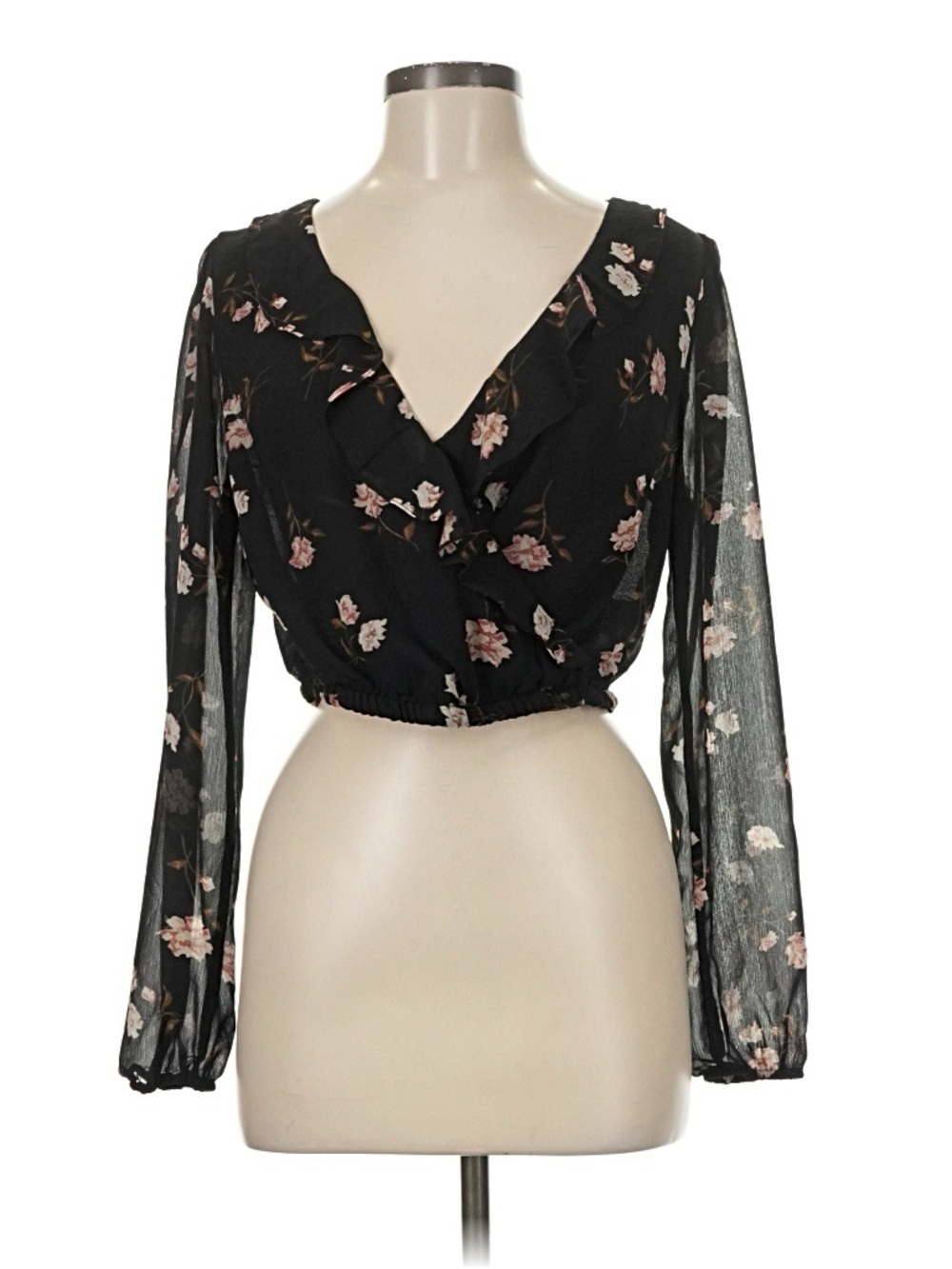Garage Black Floral Ruffle V-Neck Long-Sleeve Crop Top